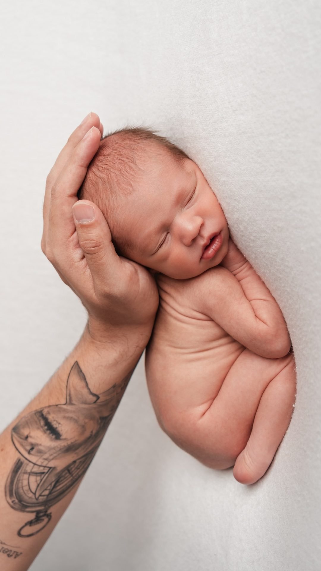 Bebé recién nacido en pose artística sobre el antebrazo del papá