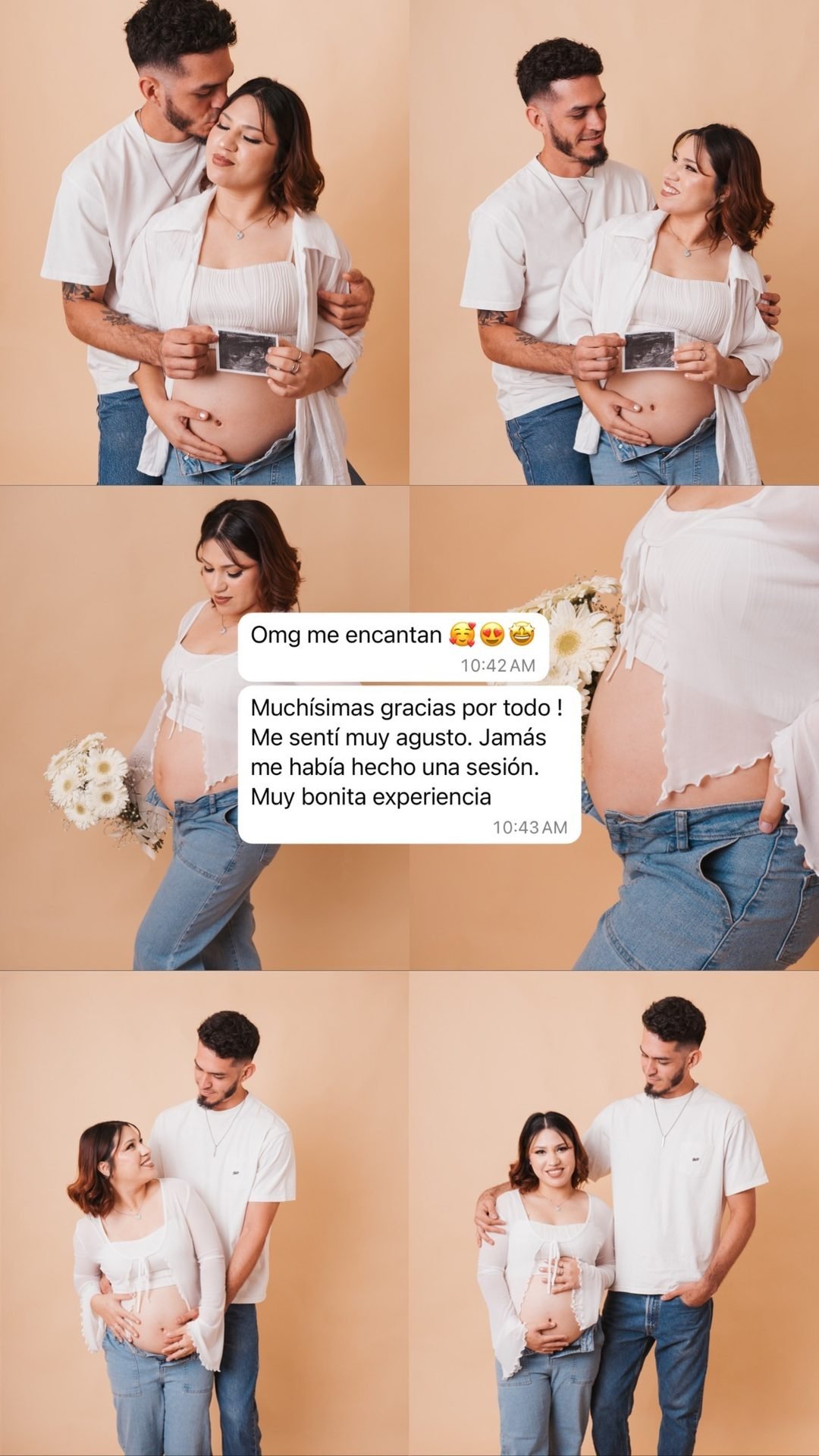 Sesión de embarazo con ecografía y ramo de flores